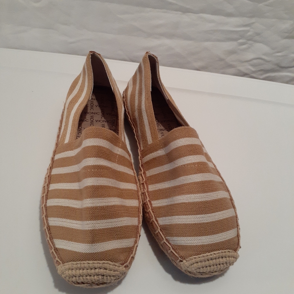Vionic canvas slip on flats Tan and white stripe